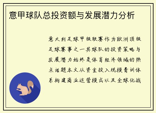 意甲球队总投资额与发展潜力分析