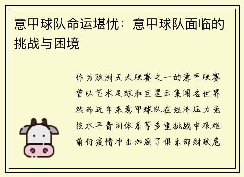 意甲球队命运堪忧：意甲球队面临的挑战与困境